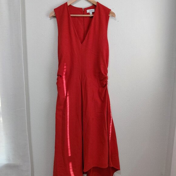 COS Burnt Rust Orange Cotton Blend Ruched Waist Dress Assymetrical Hem Medium - Picture 1 of 11